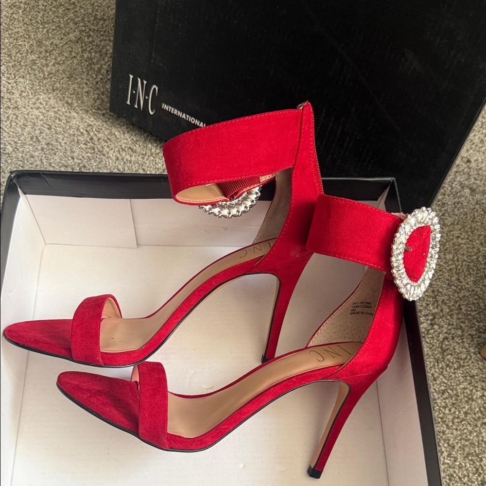 INC International Concepts Red Satin Crystal-Embellished Ankle-Strap Heels